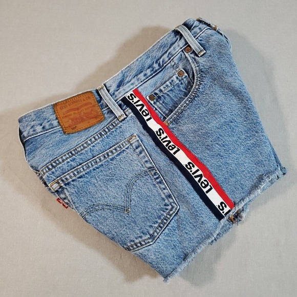 Levis 501 Sport Tape Hi-Rise Cutoff Button Fly Denim Blue Jean Shorts Womens W26 - Picture 12 of 13